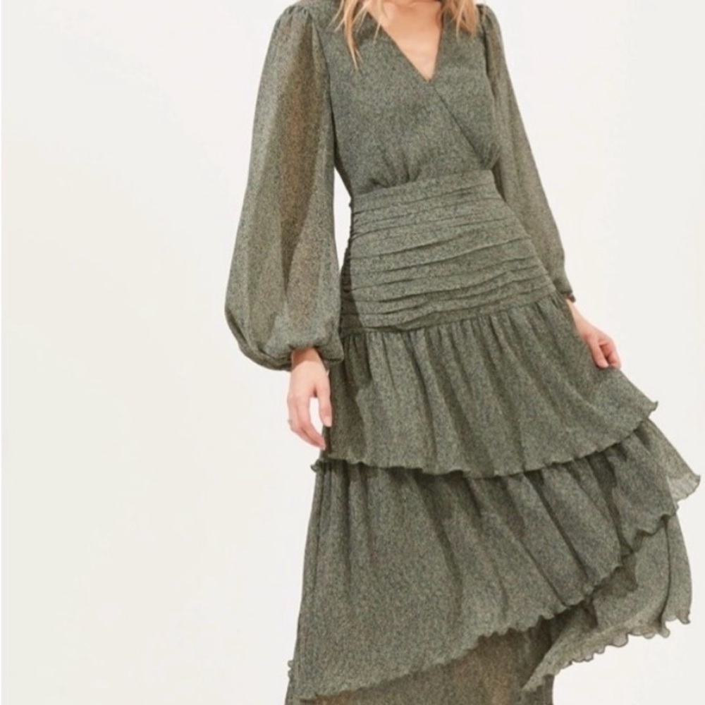 Astr Olive Green Tiered Wrap Midi Dress with Balloon Sleeves